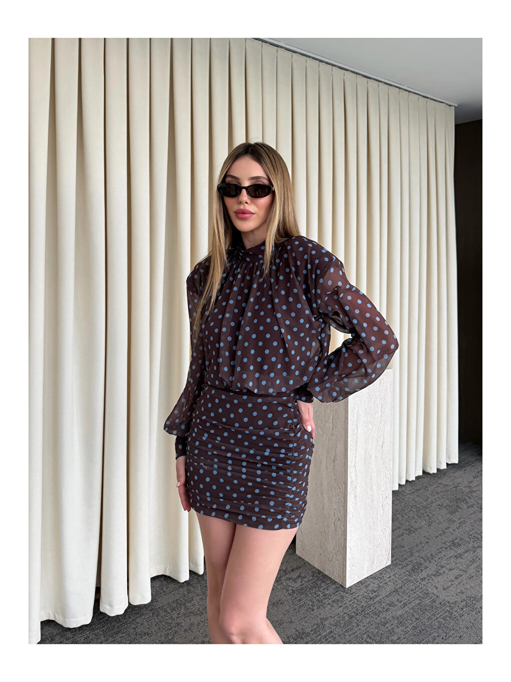 Kahverengi Puantiyeli Mini Elbise - 6261