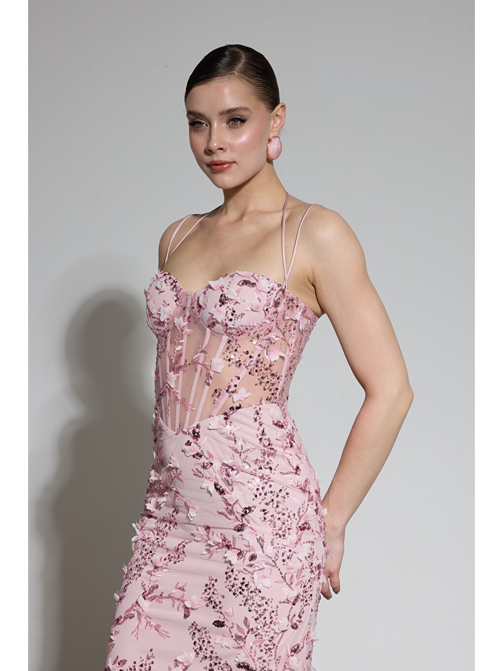 Pembe Pudra Askılı Güpürlü Tül Abiye Elbise-3