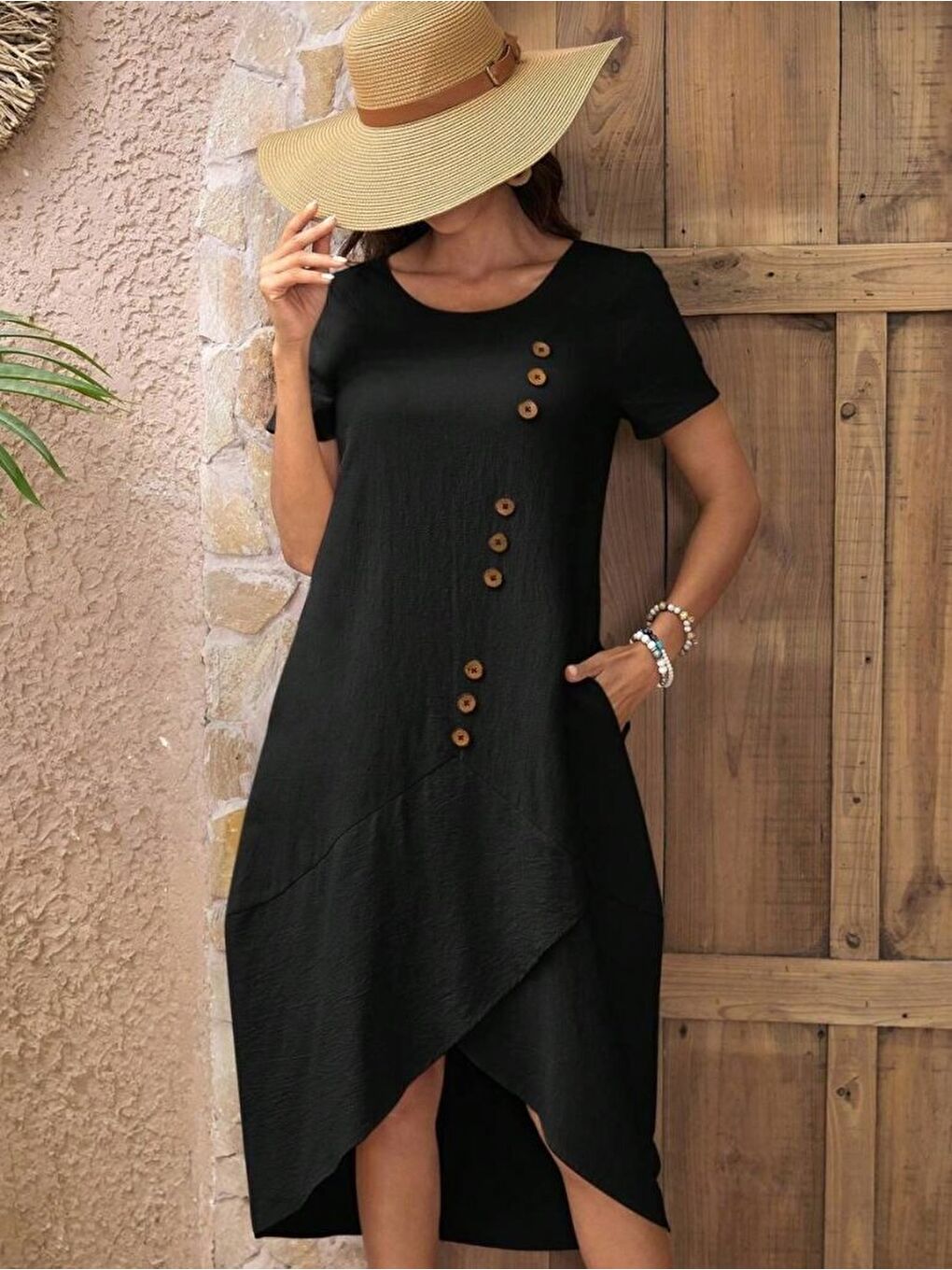 Siyah Kadın Kısa Kollu Bisiklet Yaka Düğme Detay Müslim Elbise-1