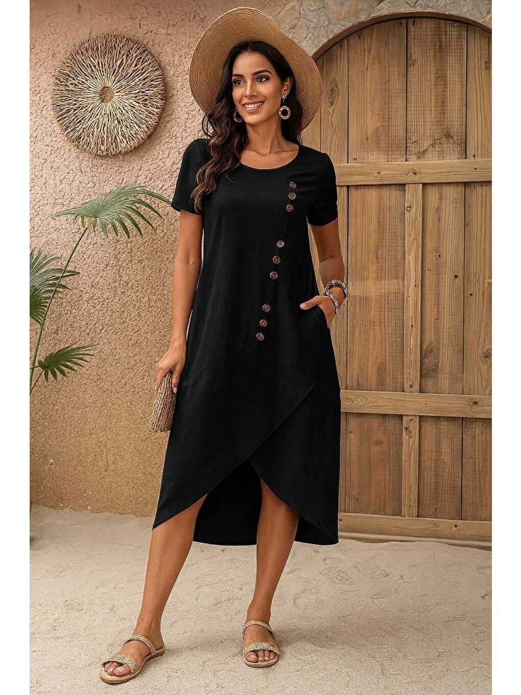 Siyah Kadın Kısa Kollu Bisiklet Yaka Düğme Detay Müslim Elbise-2