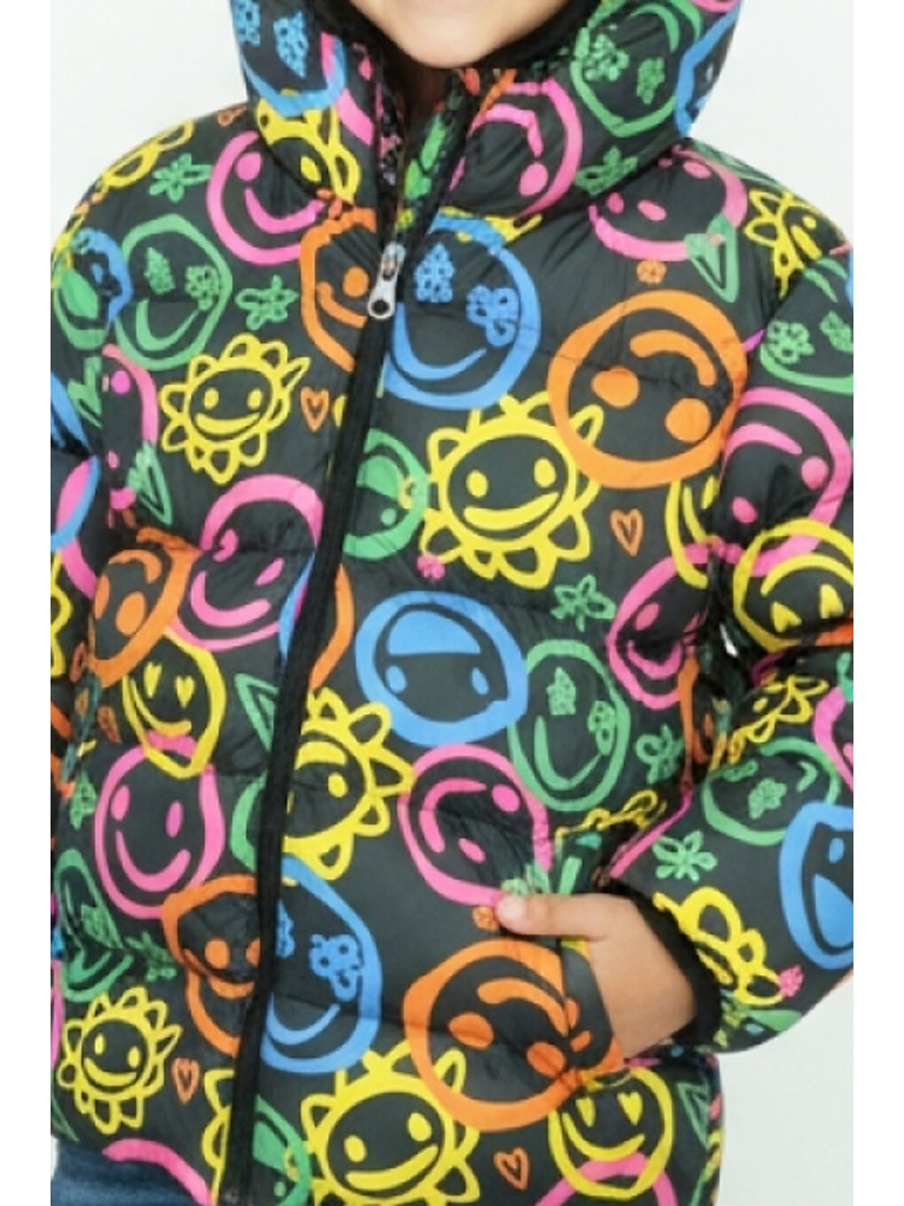 Karışık Kız Çocuk İçi Polar Astarlı-Kapüşonlu-Desenli-Fermuarlı Mont 12358-1