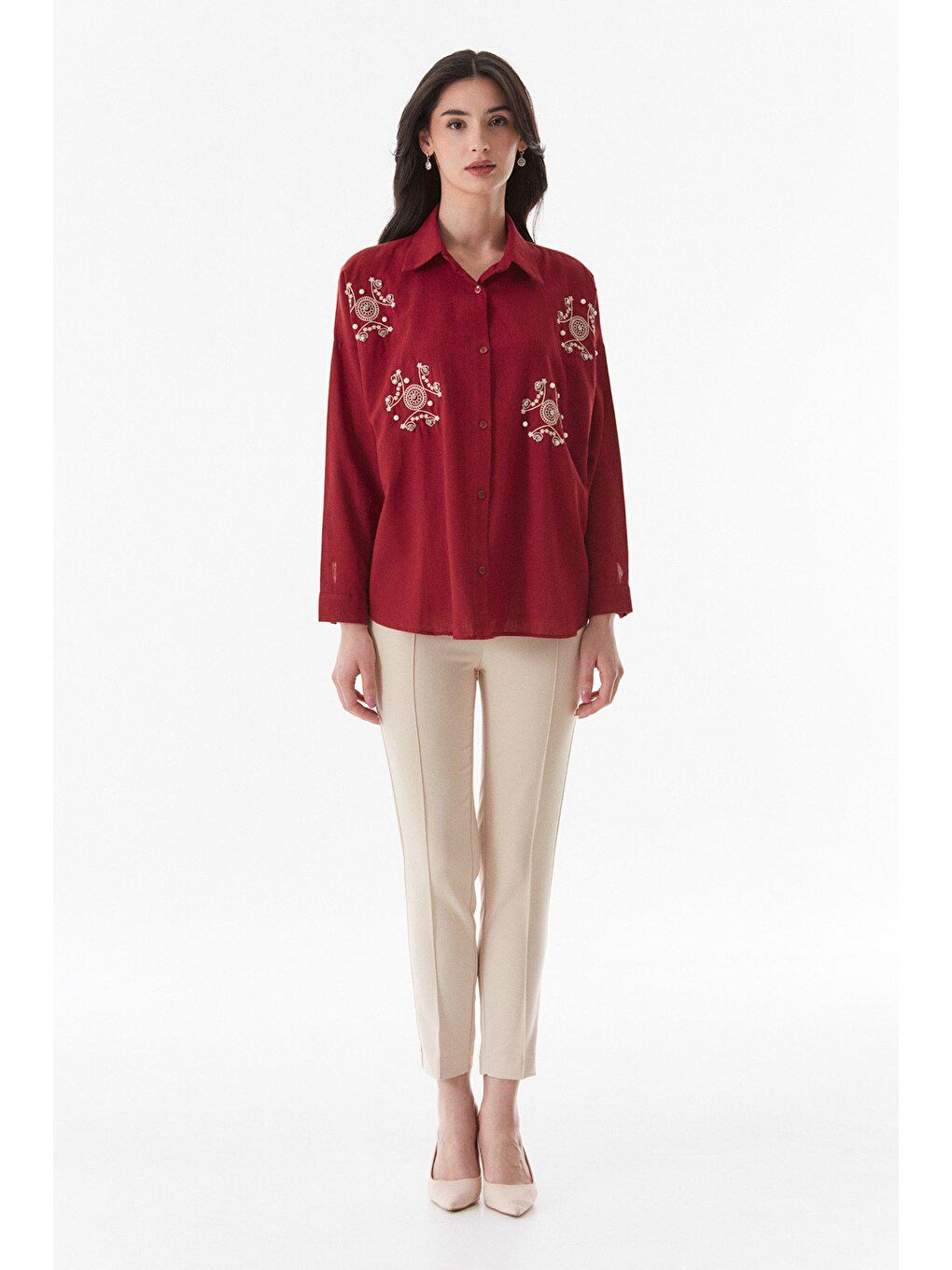 Bordo Nakışlı İncili Keten Gömlek