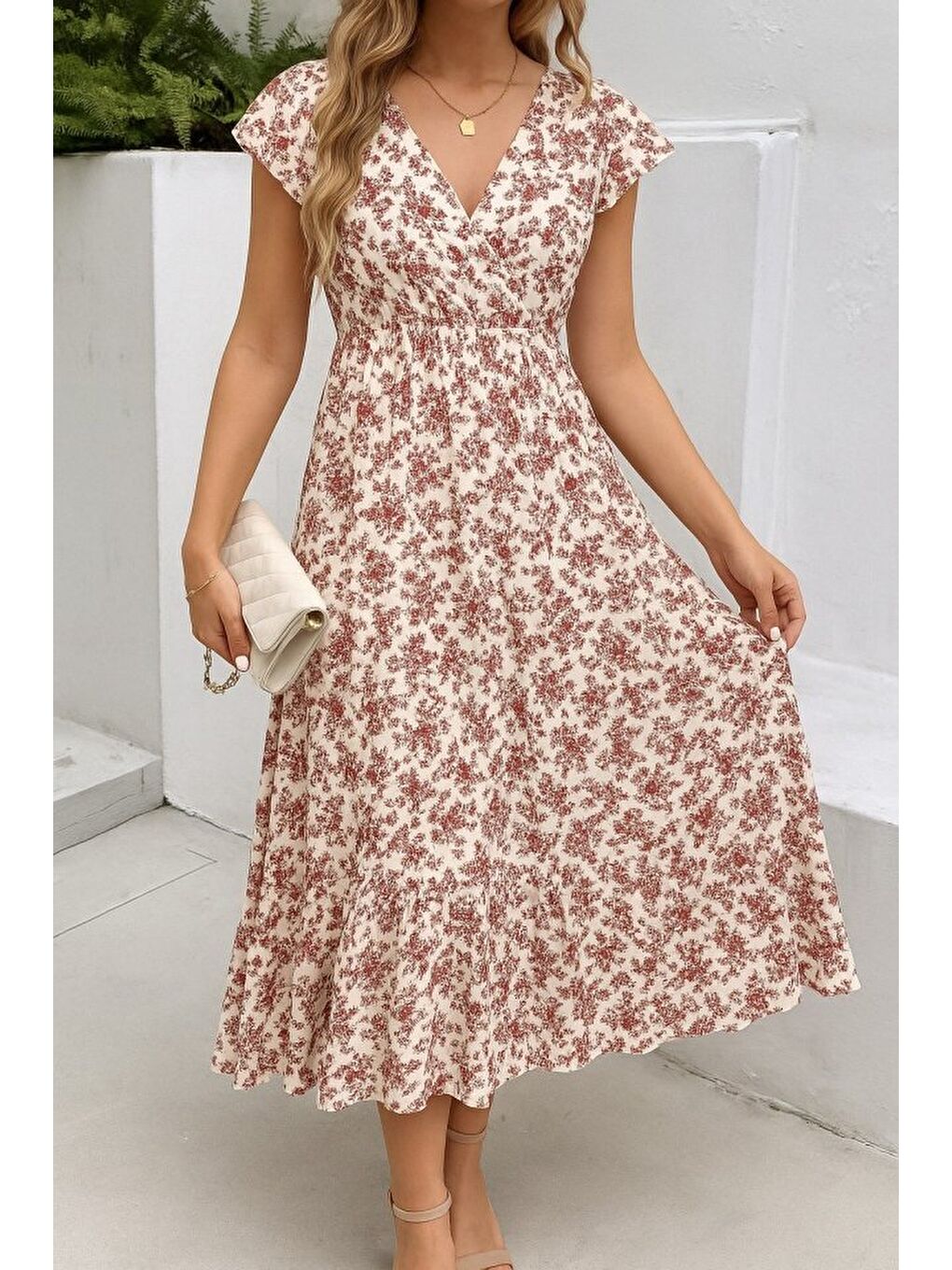 Ekru Kadın Kısa Kollu Kruvaze Yaka Beli Lastikli çiçek Desenli Elbise