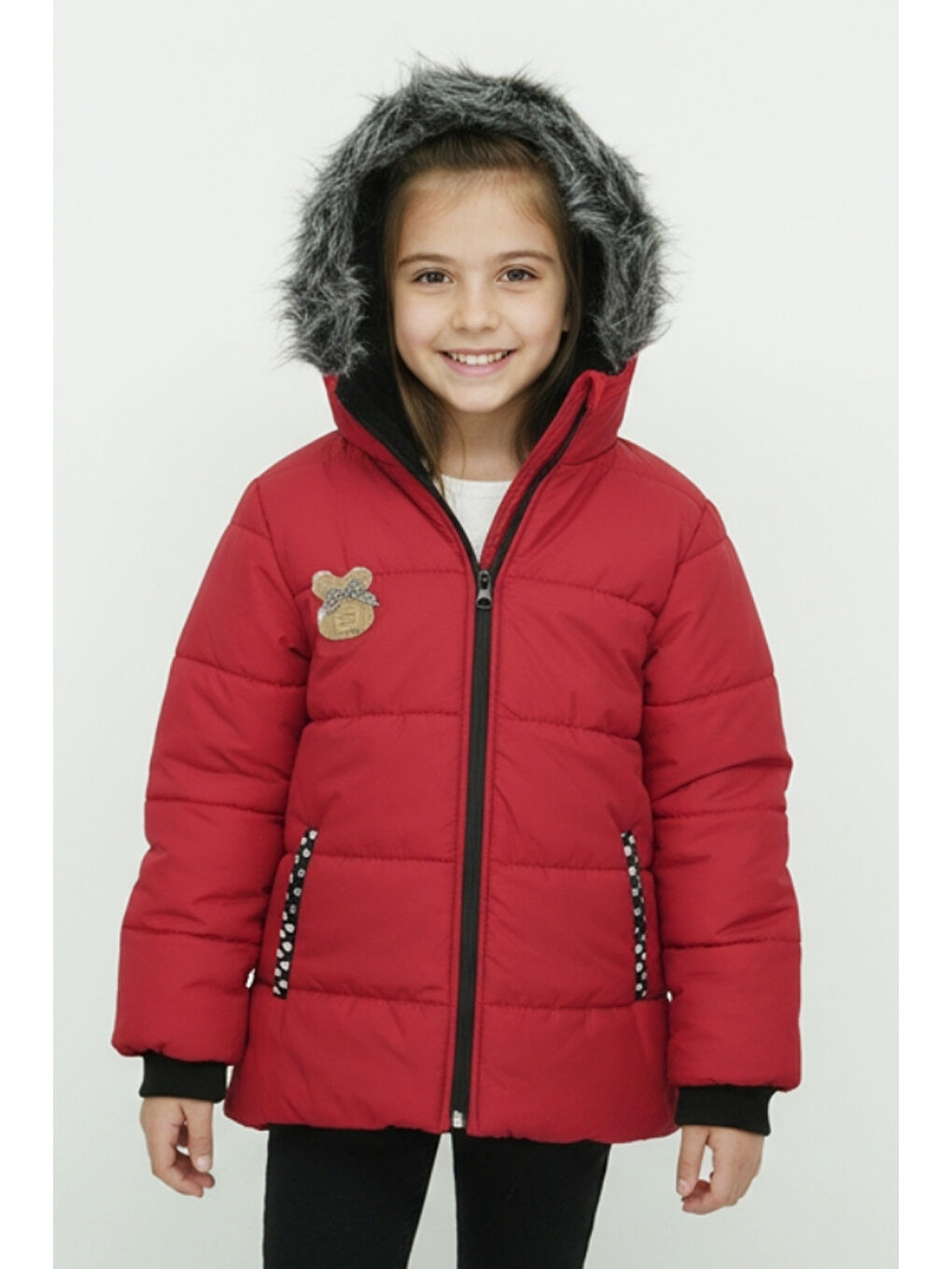 Kırmızı Kız Çocuk Pelüş Astarlı - Fermuar Kapatmalı-Kürklü Kapüşonlu Mont 12357