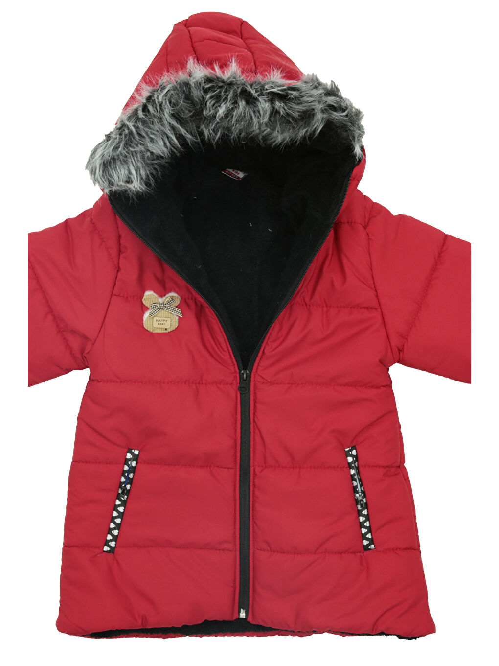 Kırmızı Kız Çocuk Pelüş Astarlı - Fermuar Kapatmalı-Kürklü Kapüşonlu Mont 12357-1