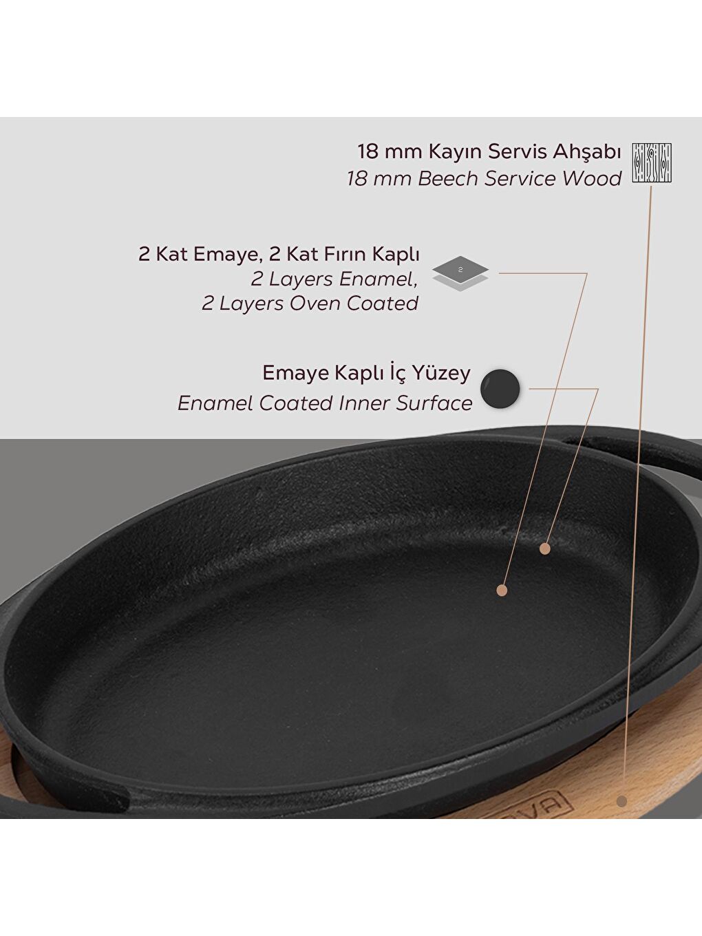 Siyah Oval Sahan Döküm Demir Yekpare Çift Kulplu Kayın Servis Ahşabı Ölçü 15x10cm.-3