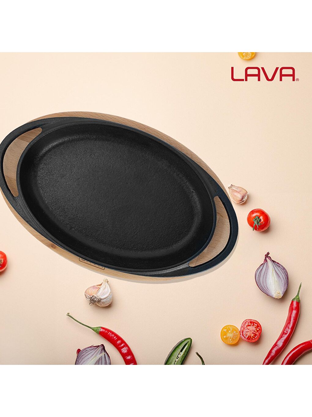 Siyah Oval Sahan Döküm Demir Yekpare Çift Kulplu Kayın Servis Ahşabı Ölçü 15x10cm.-4