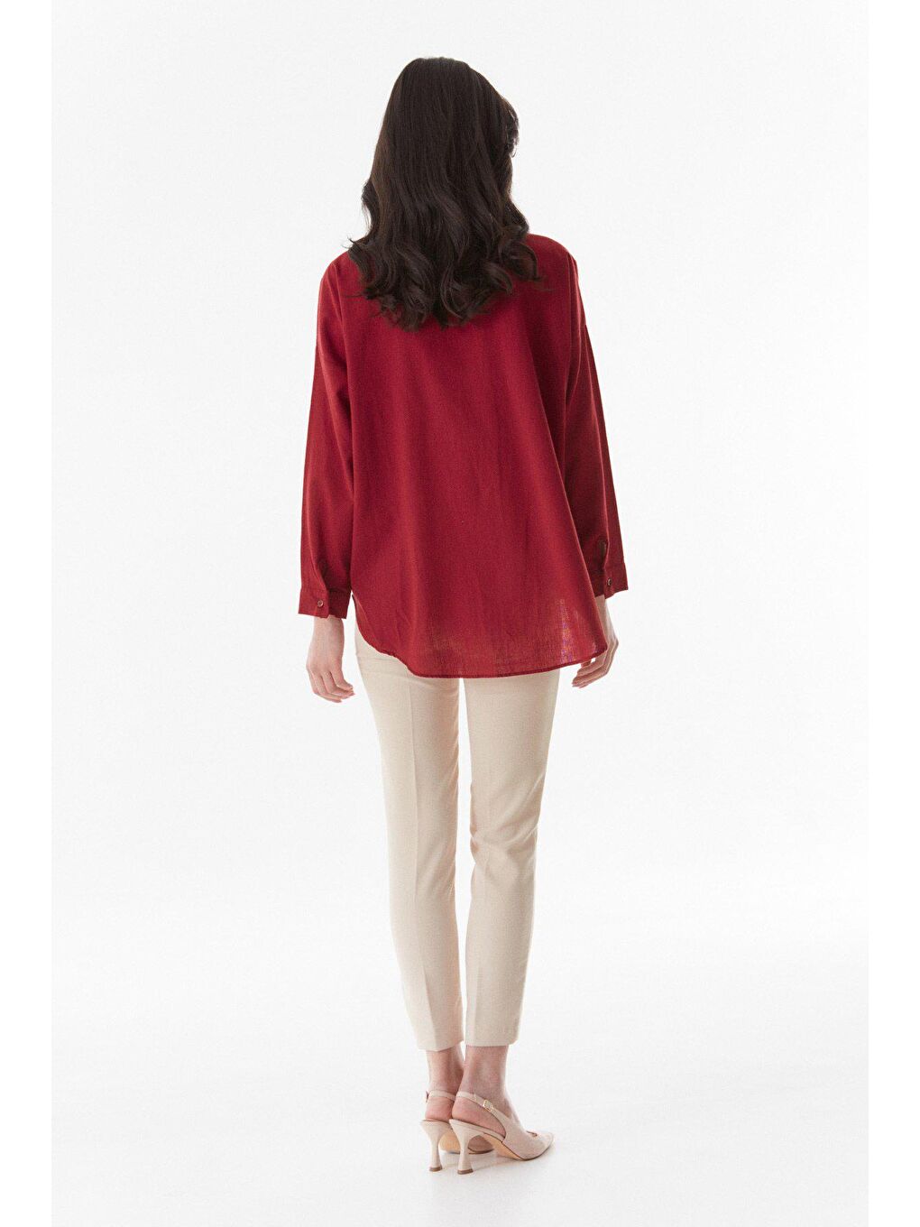 Bordo Nakışlı İncili Keten Gömlek-2