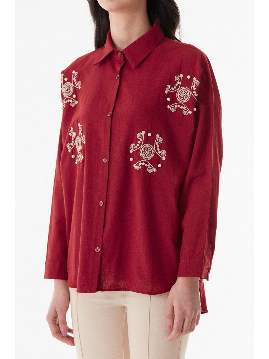 Bordo Nakışlı İncili Keten Gömlek-4