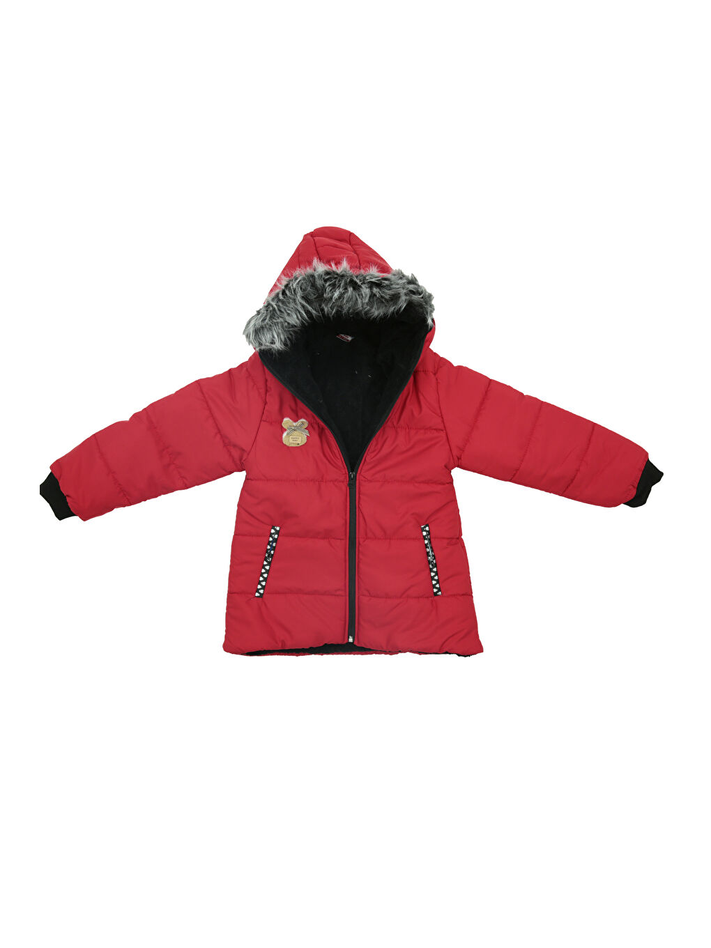 Kırmızı Kız Çocuk Pelüş Astarlı - Fermuar Kapatmalı-Kürklü Kapüşonlu Mont 12357-3