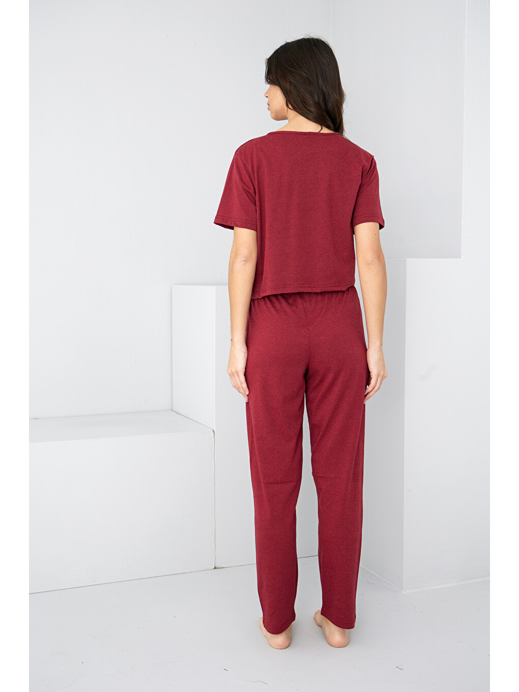 Bordo Bağlamalı Örme Pijama Takım7889-2