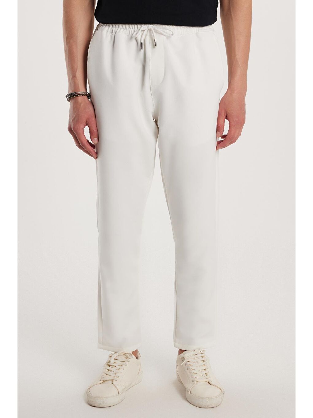 Erkek Regular Fit Beli Lastikli Bağcıklı Jogger Beyaz Pantolon Rahat Kesim Yan Cepli
