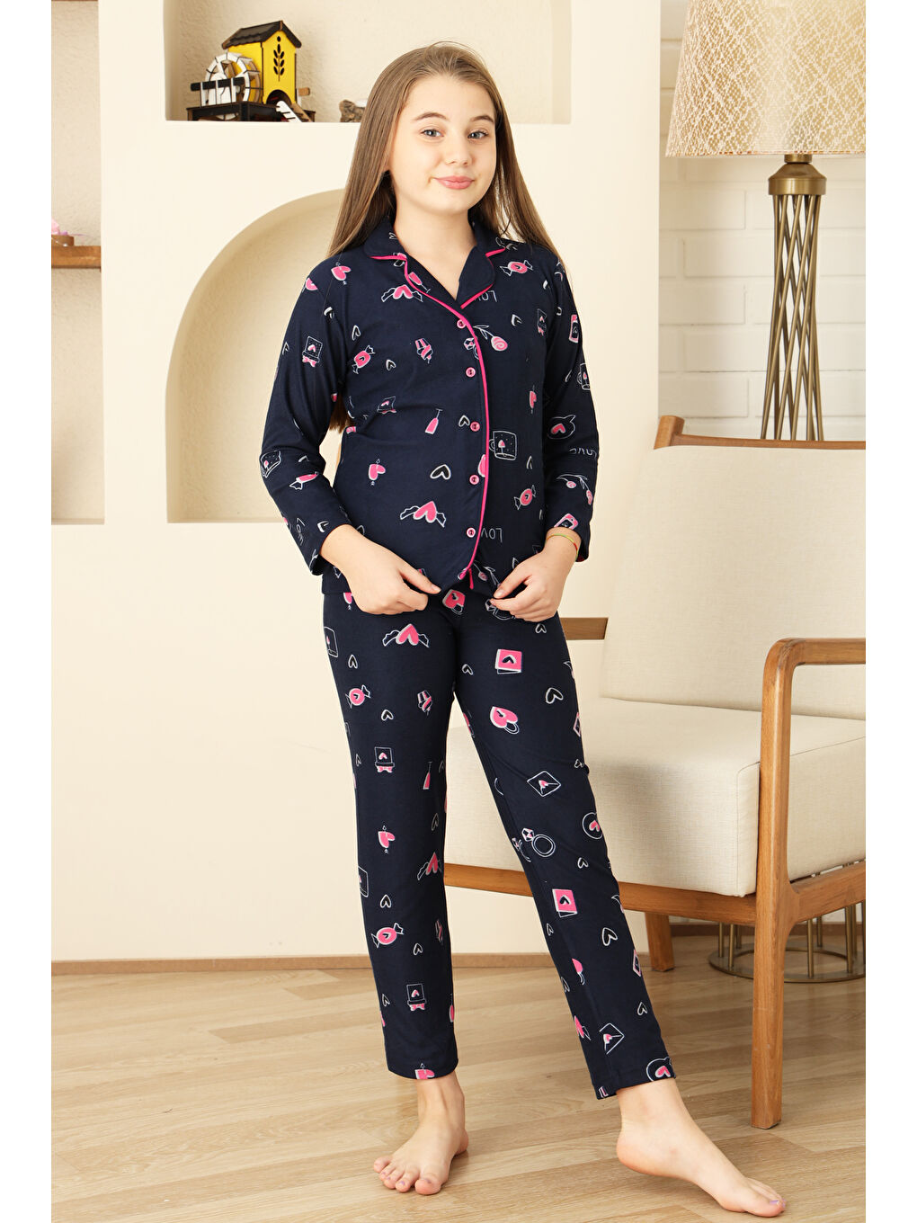 Lacivert Kız Çocuk Pat Yakalı-Baskılı ve Düğme Kapamalı-%100 Pamuk Pijama Takımı 12352-3