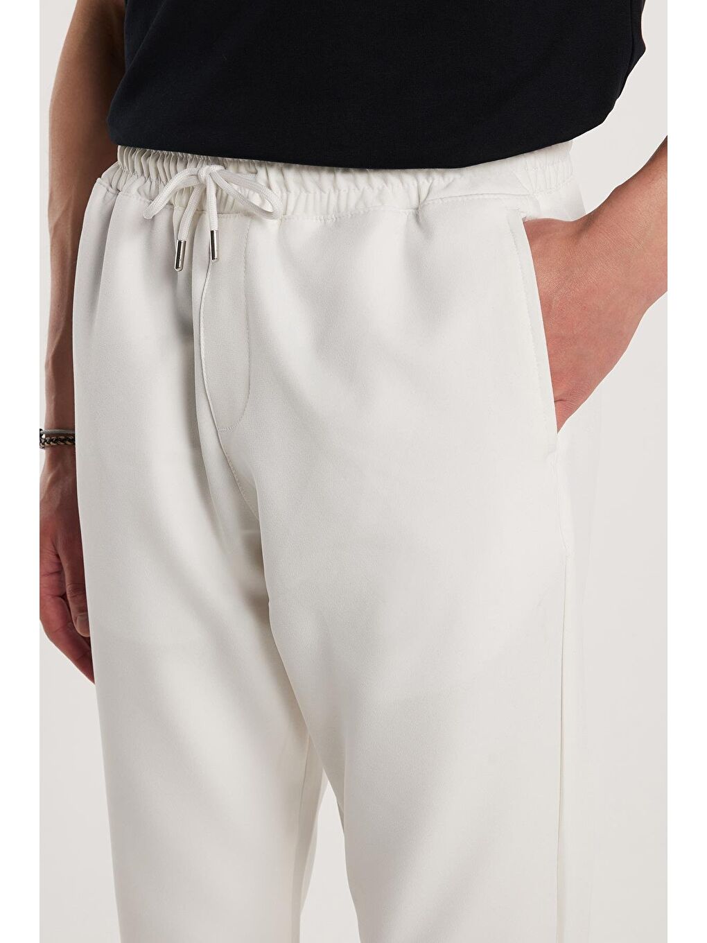 Erkek Regular Fit Beli Lastikli Bağcıklı Jogger Beyaz Pantolon Rahat Kesim Yan Cepli-1