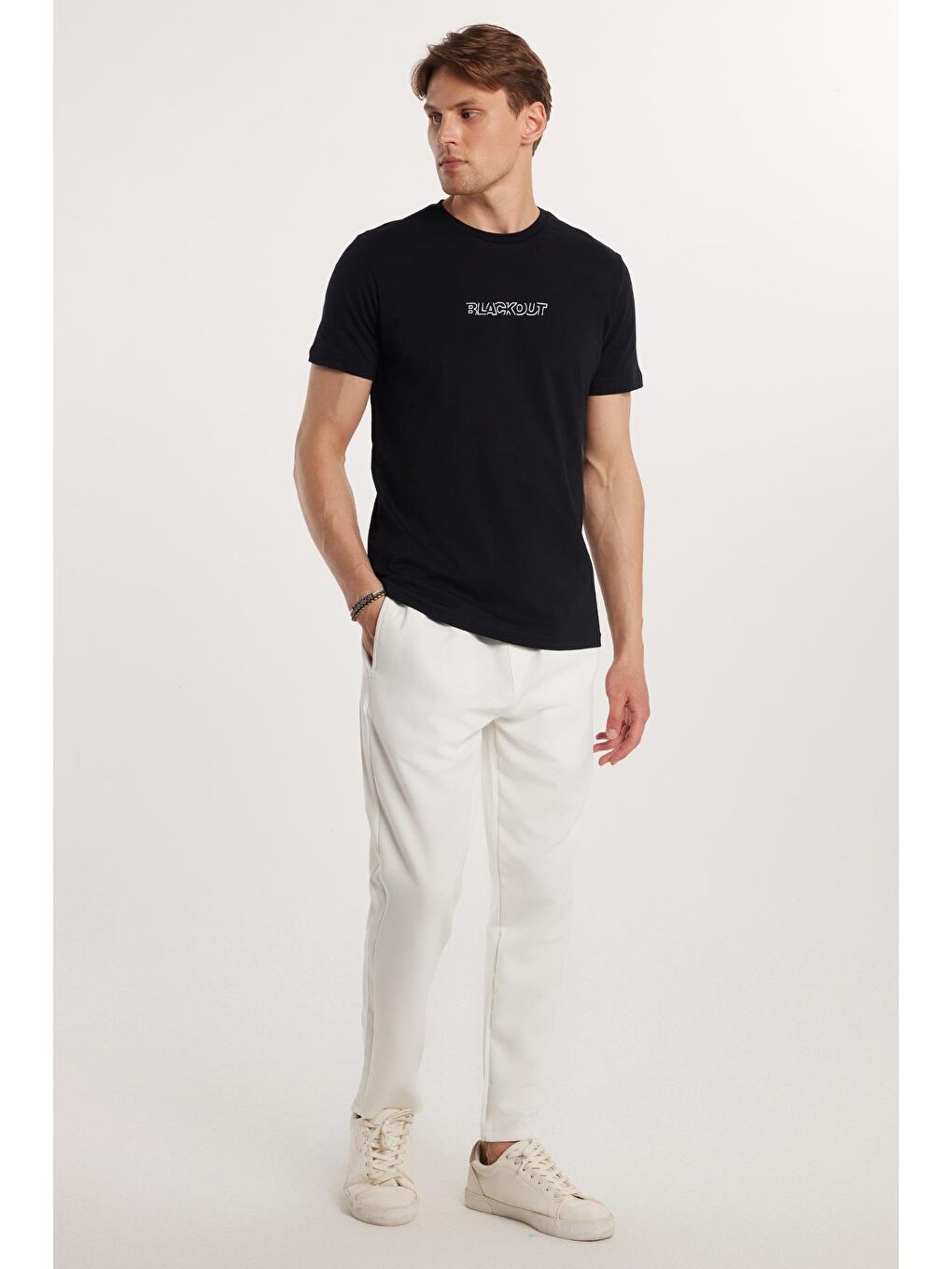 Erkek Regular Fit Beli Lastikli Bağcıklı Jogger Beyaz Pantolon Rahat Kesim Yan Cepli-4