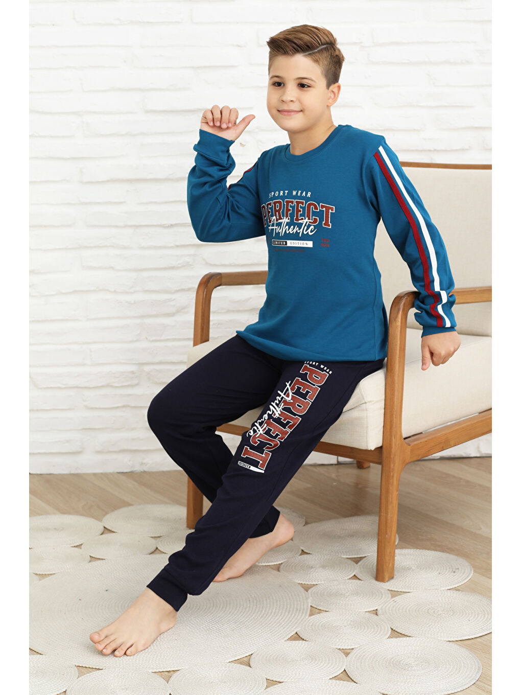 Petrol Erkek Çocuk Kolları Şeritli %100 Pamuk İnterlok Kumaş Pijama Takımı 12351