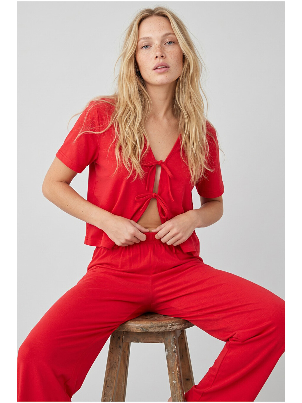 Kırmızı Bağlamalı Örme Pijama Takım7889