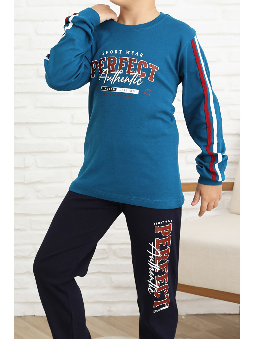 Petrol Erkek Çocuk Kolları Şeritli %100 Pamuk İnterlok Kumaş Pijama Takımı 12351-2