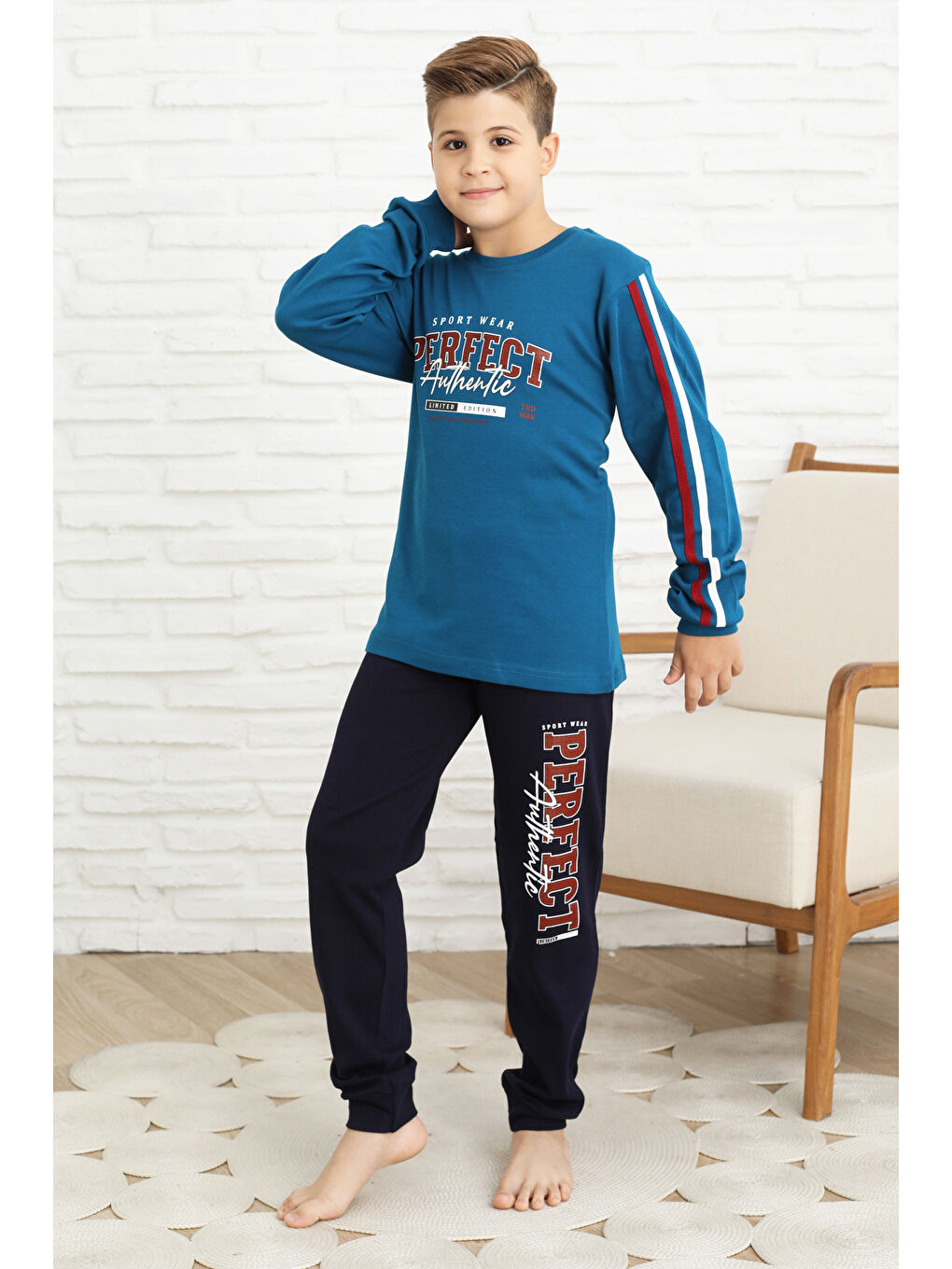 Petrol Erkek Çocuk Kolları Şeritli %100 Pamuk İnterlok Kumaş Pijama Takımı 12351-3