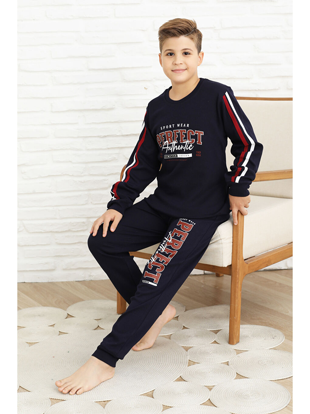 Lacivert Erkek Çocuk Kolları Şeritli %100 Pamuk İnterlok Kumaş Pijama Takımı 12351