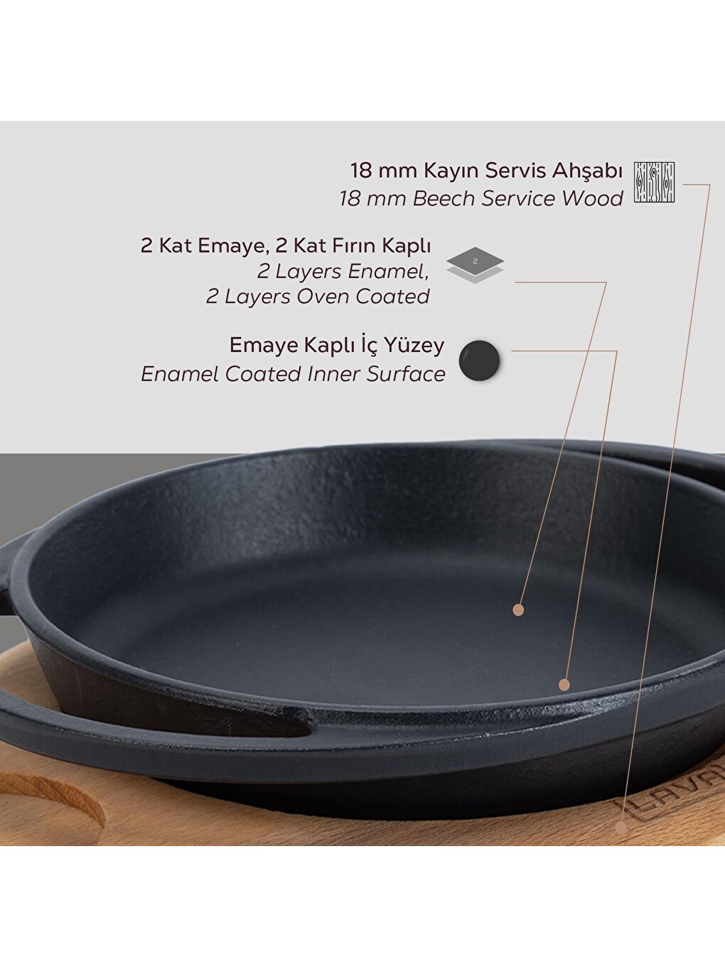 LAVA Siyah Yuvarlak Sahan Döküm Demir Yekpare Çift Kulplu Kayın Servis Ahşabı Çap(Ø)20cm. - 5