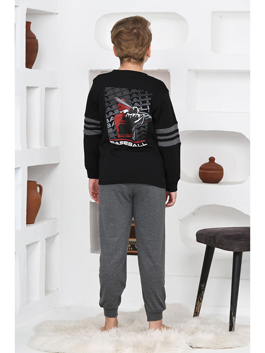 Siyah Erkek Çocuk Arkası Baskılı %100 Pamuk İnterlok Kumaş Pijama Takımı 12348-1