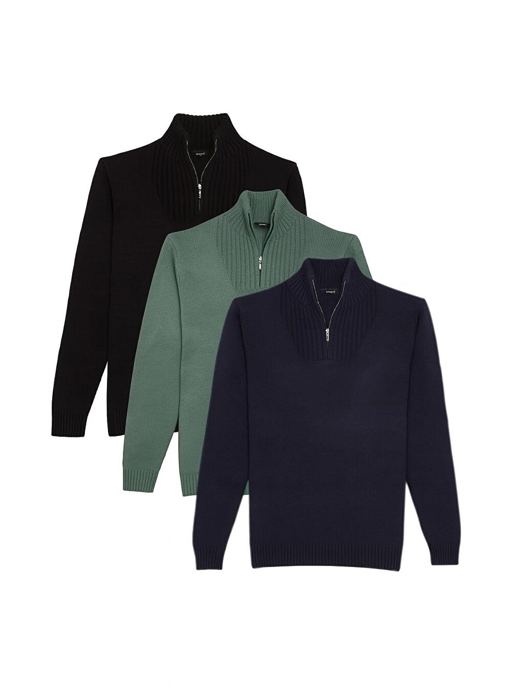 Karışık Erkek 3'Lü Paket Siyah-Yeşil-Lacivert Slim Fit Dar Kesim Fermuarlı Dik Yaka Triko Kazak