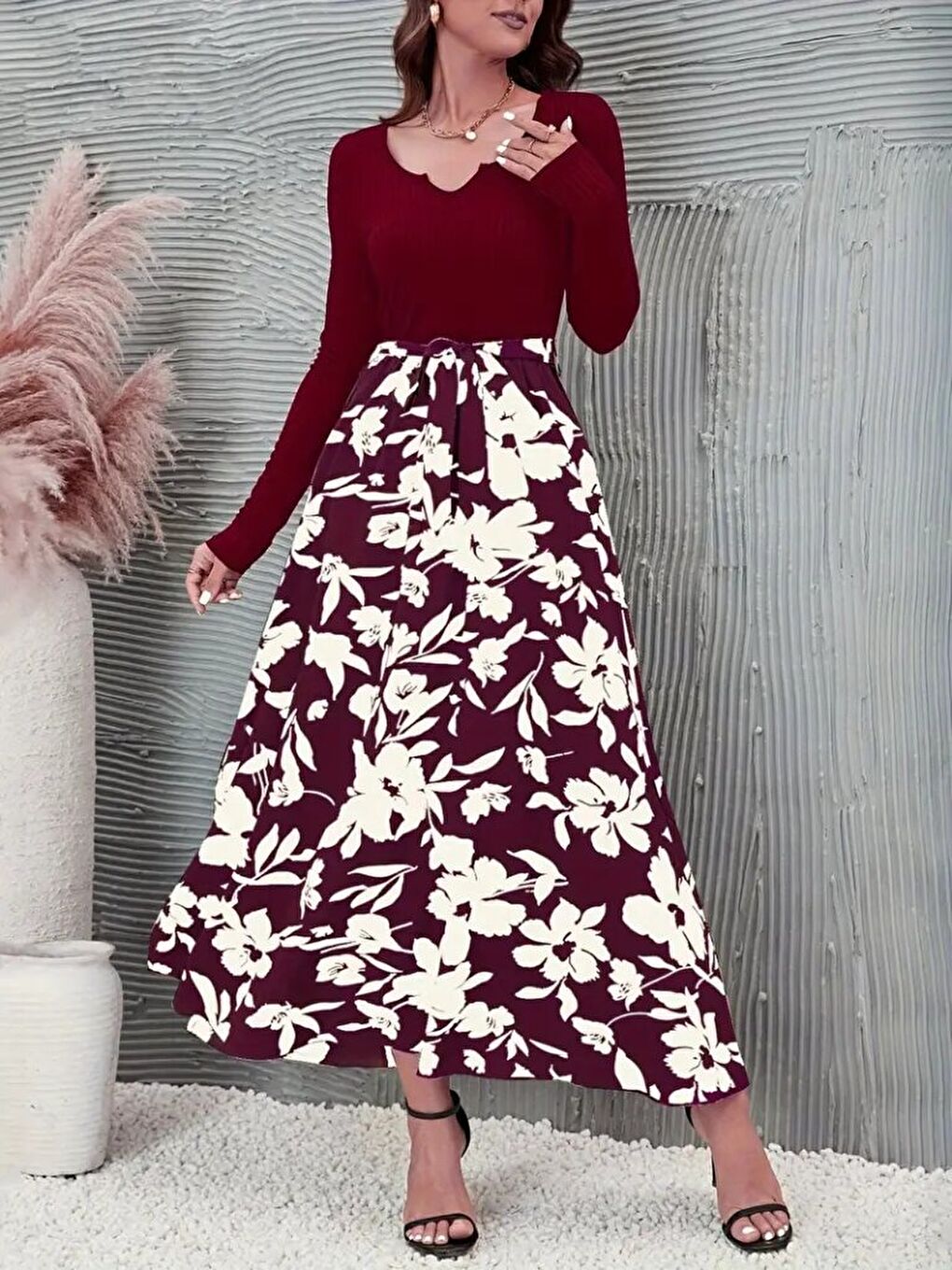 Bordo Kadın Uzun Kollu Yaka Açık üst Kaşkorse Beli Kuşaklı Alt çiçek Baskılı Dalgıç Elbise