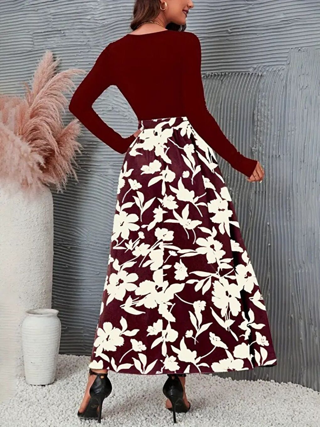 Bordo Kadın Uzun Kollu Yaka Açık üst Kaşkorse Beli Kuşaklı Alt çiçek Baskılı Dalgıç Elbise-3