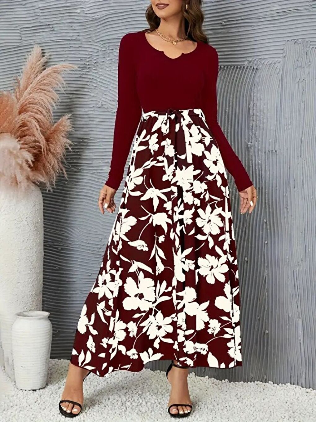Bordo Kadın Uzun Kollu Yaka Açık üst Kaşkorse Beli Kuşaklı Alt çiçek Baskılı Dalgıç Elbise-4
