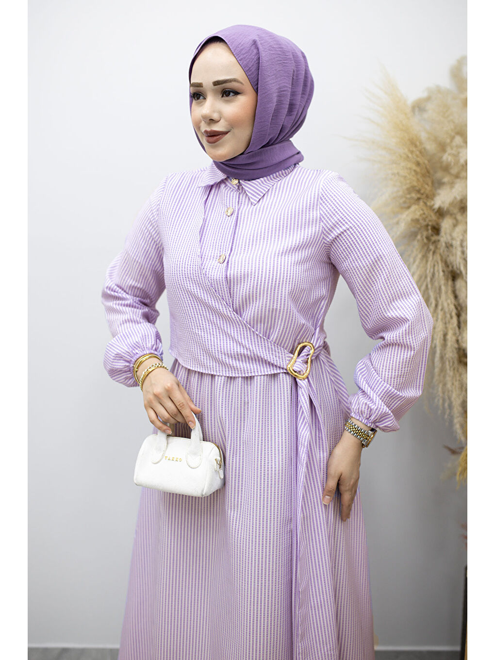 Çizgili Tokalı Gömlek Elbise TSD260196 Mor-1