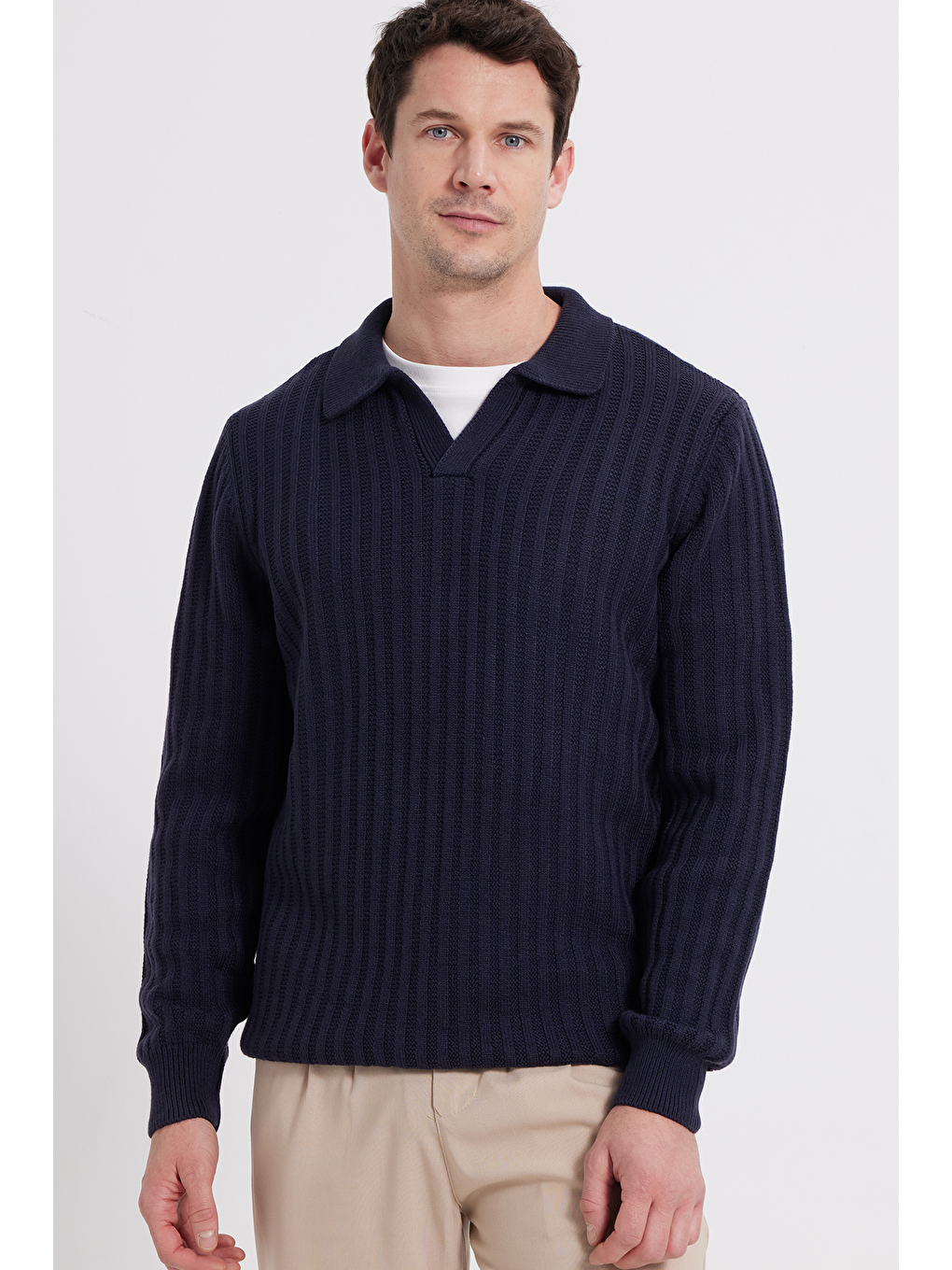 Erkek Standart Fit Normal Kesim Polo Yaka Lacivert Kazak-5