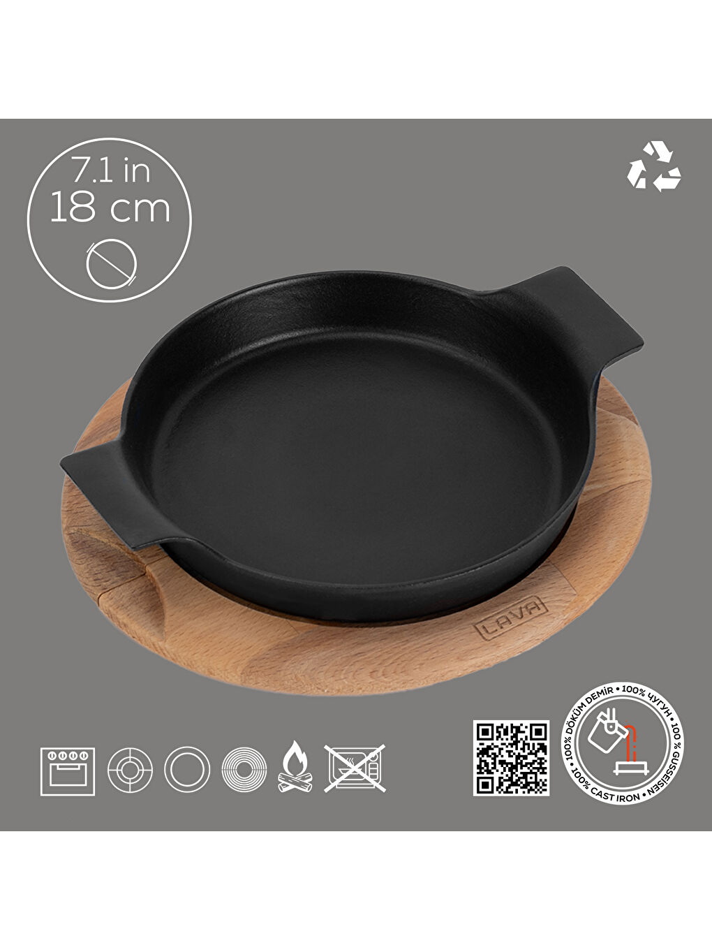 Siyah Yuvarlak Sahan Döküm Demir Yekpare Çift Kulplu Kayın Servis Ahşabı. Çap(Ø)18cm.-3