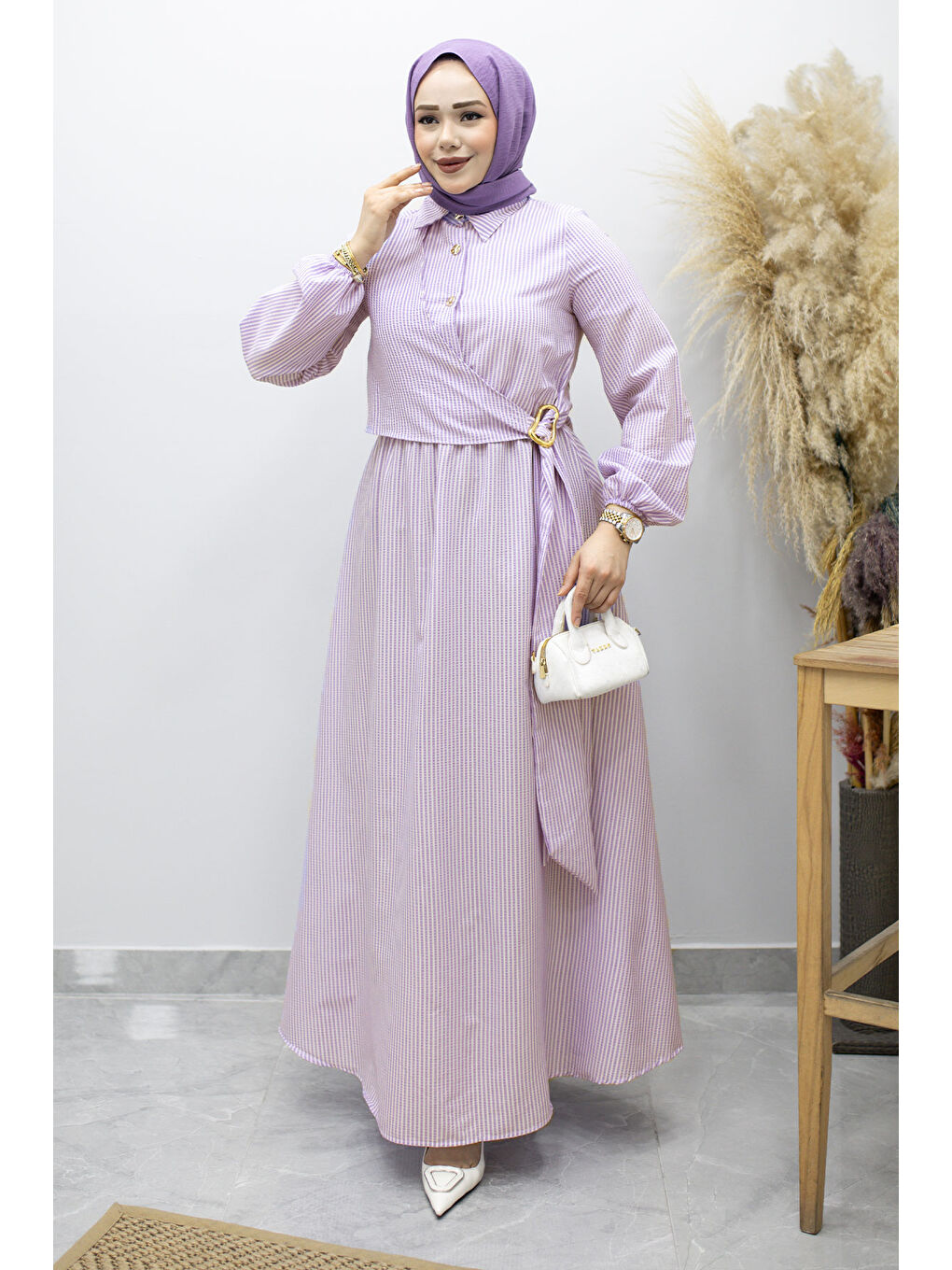 Çizgili Tokalı Gömlek Elbise TSD260196 Mor-2