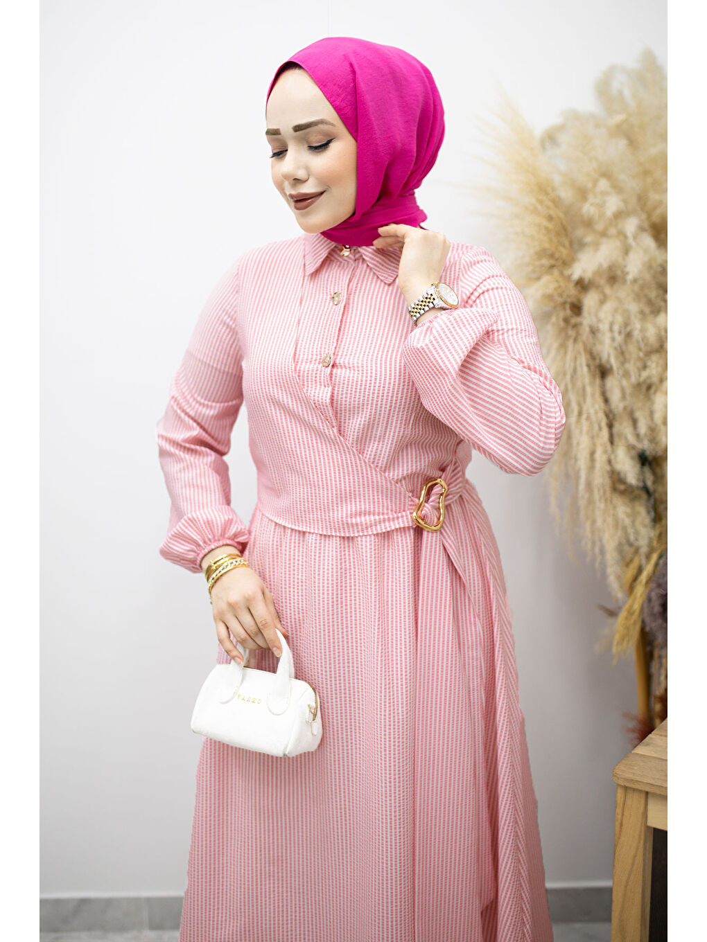 Çizgili Tokalı Gömlek Elbise TSD260196 Pembe-1