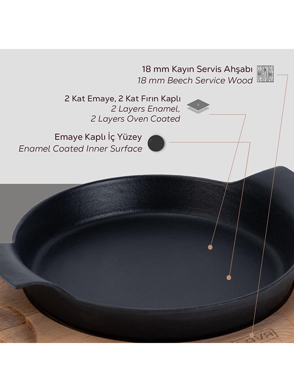 Siyah Yuvarlak Sahan Döküm Demir Yekpare Çift Kulplu Kayın Servis Ahşabı. Çap(Ø)18cm.-5