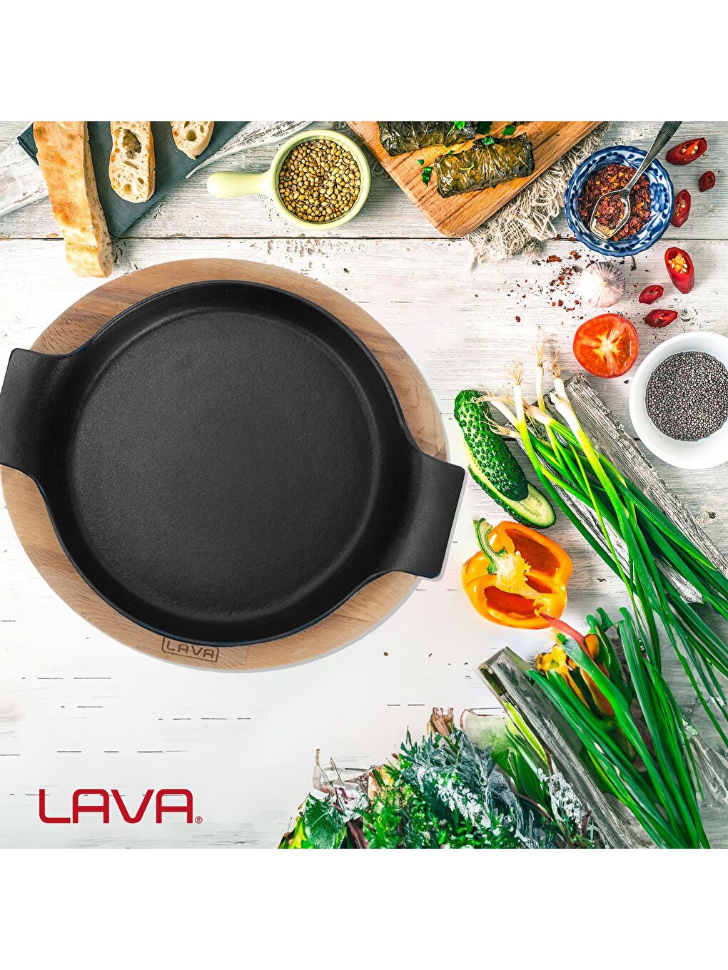 Siyah Yuvarlak Sahan Döküm Demir Yekpare Çift Kulplu Kayın Servis Ahşabı. Çap(Ø)18cm.-6