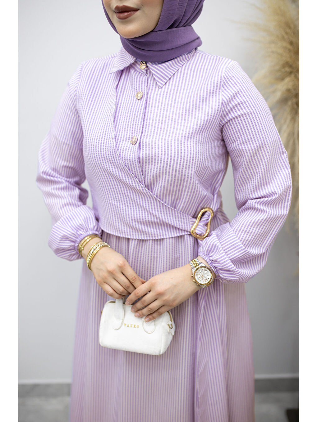 Çizgili Tokalı Gömlek Elbise TSD260196 Mor-3