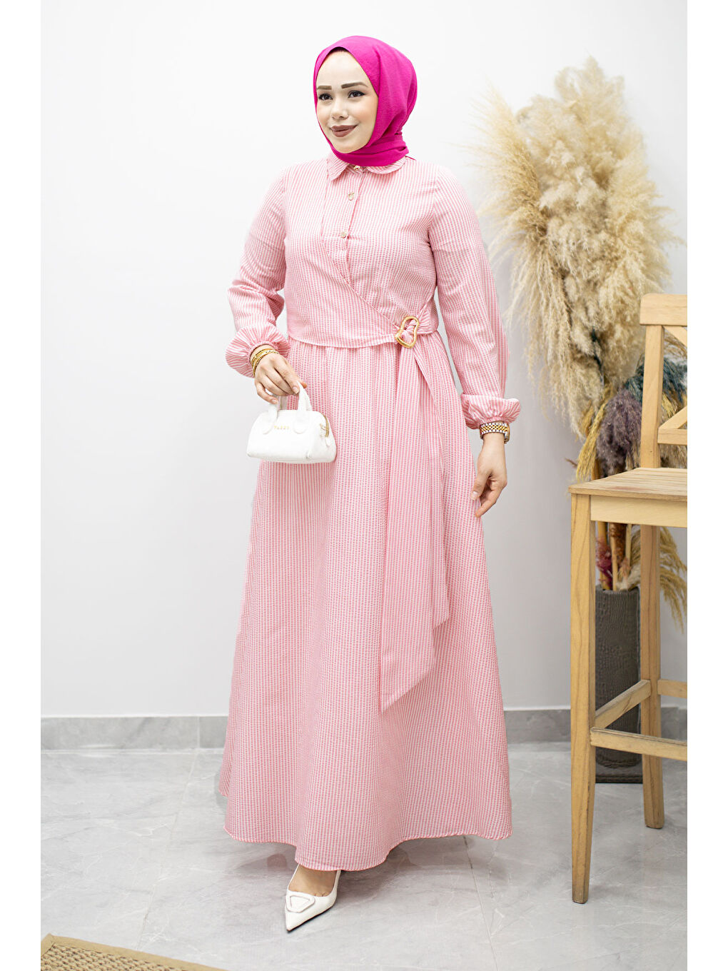 Çizgili Tokalı Gömlek Elbise TSD260196 Pembe-2