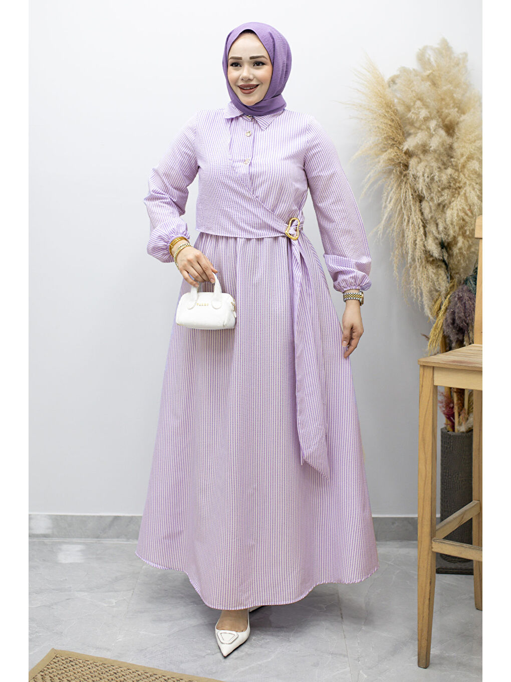 Çizgili Tokalı Gömlek Elbise TSD260196 Mor-4