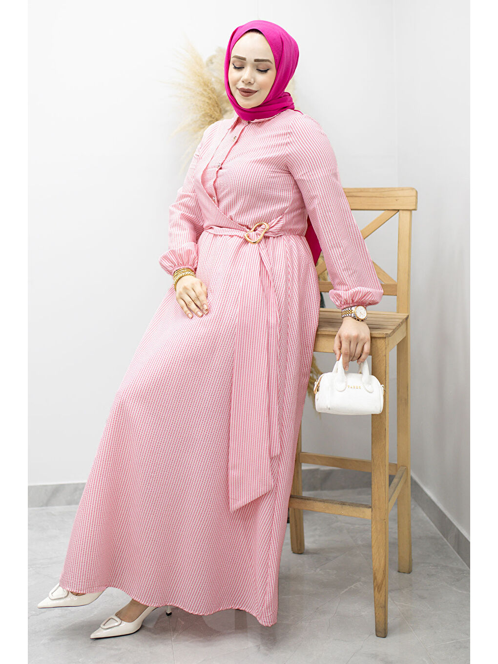 Çizgili Tokalı Gömlek Elbise TSD260196 Pembe-4