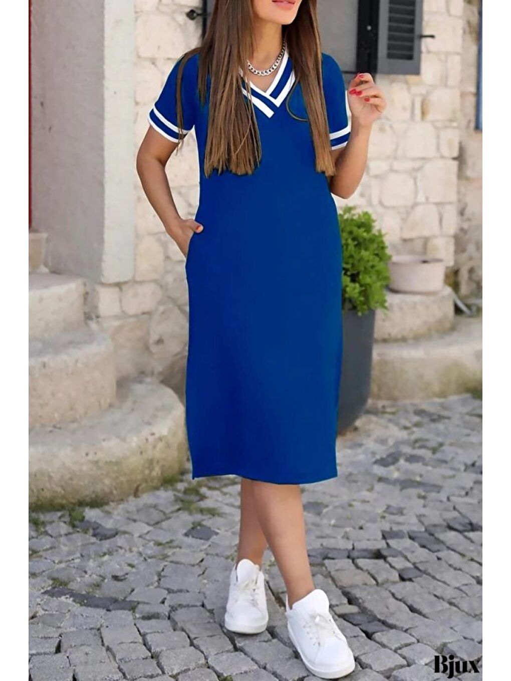 Mavi Kadın Kısa Kollu V Yaka Ve Yaka Ribana Detay Midiboy Viskon Elbise-4