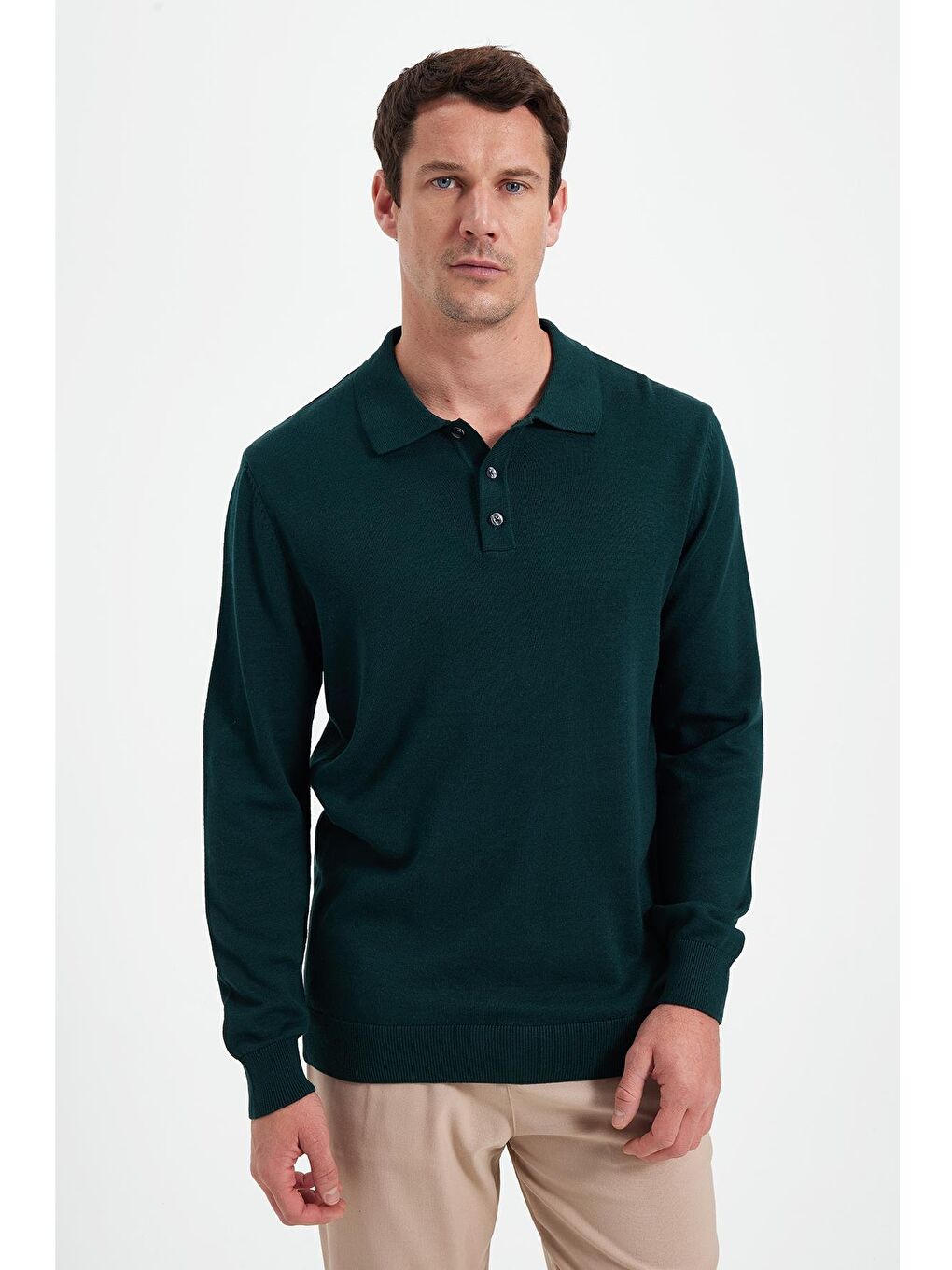 Erkek Standart Fit Normal Kesim Pamuklu Polo Yaka Yeşil Kazak