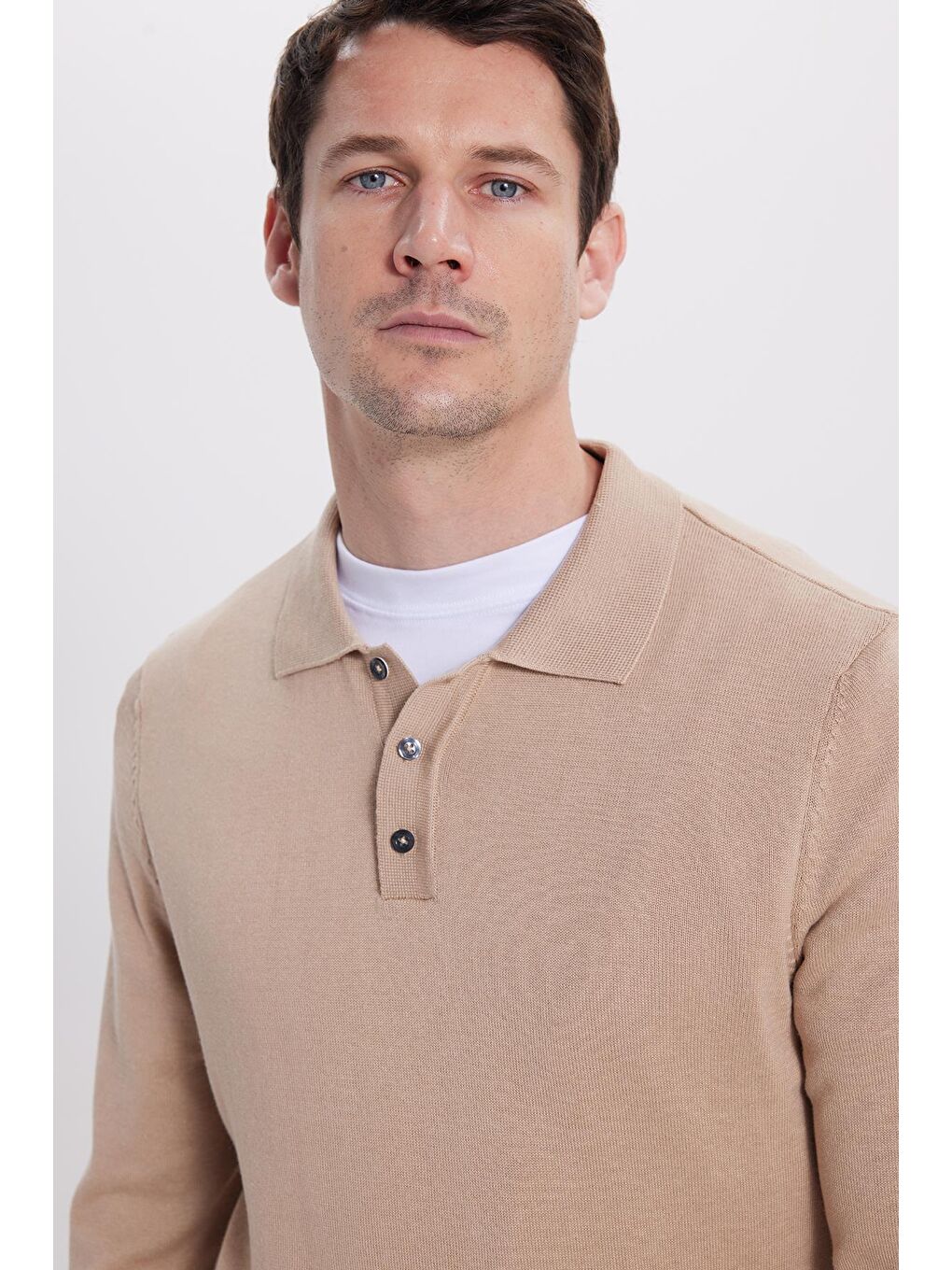 Bej Erkek Standart Fit Normal Kesim Pamuklu Polo Yaka Taş Kazak-1
