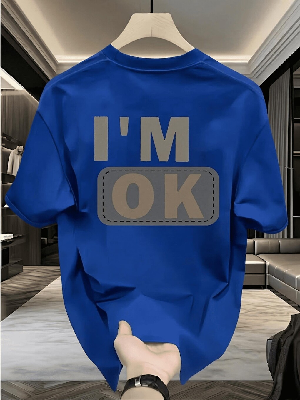 Mavi Unisex "ı'm Ok" Baskılı Oversize Pamuklu Tişört - Özel Tasarım Patch Detaylı