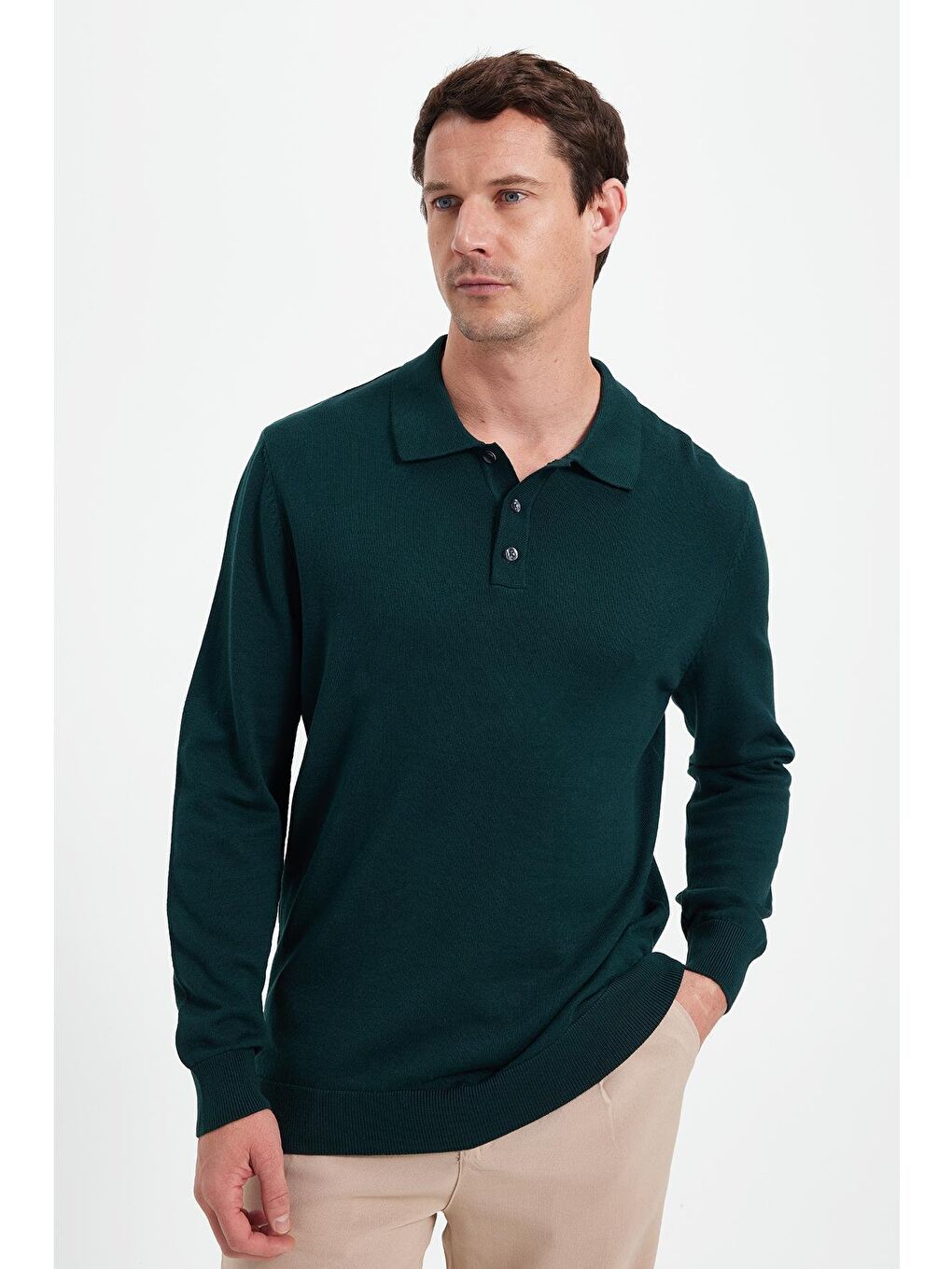 Erkek Standart Fit Normal Kesim Pamuklu Polo Yaka Yeşil Kazak-5