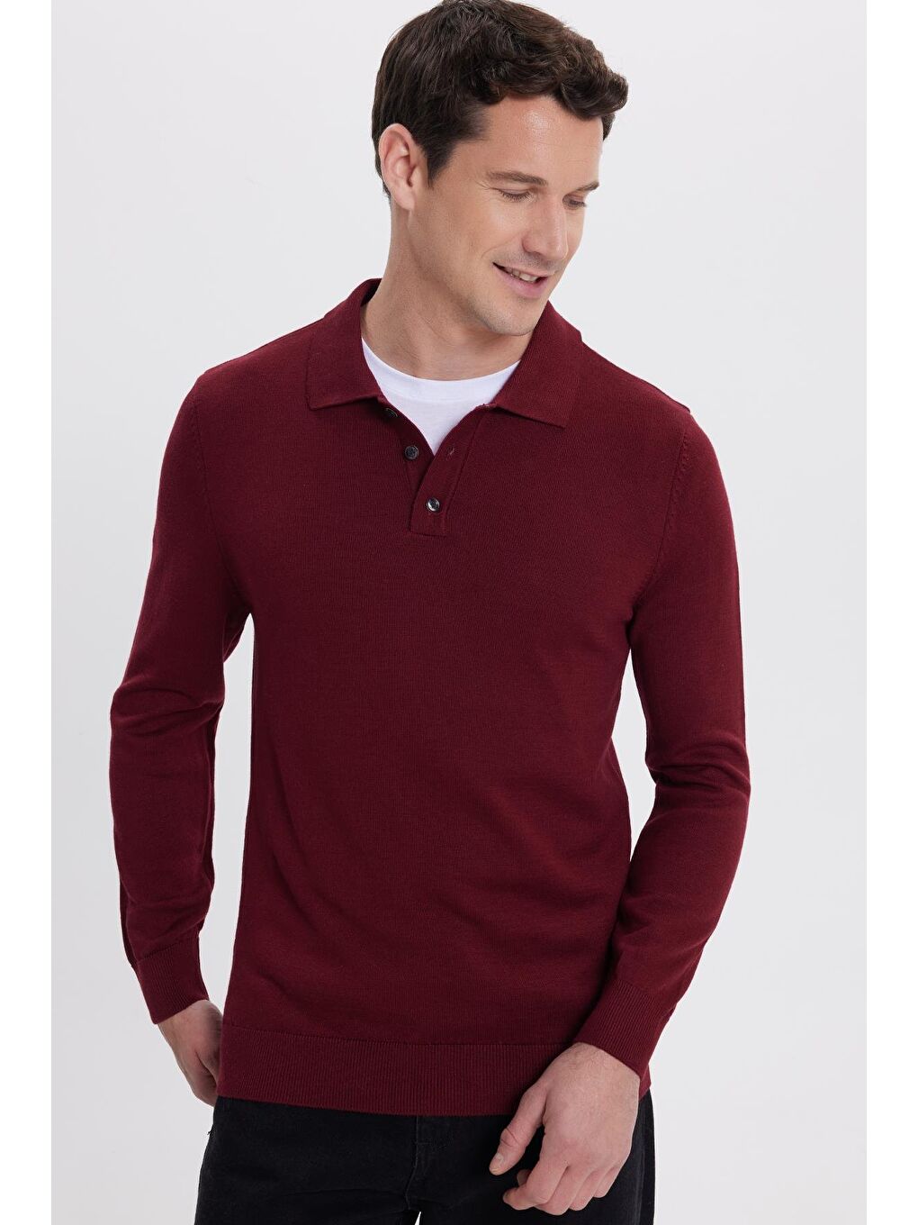 Erkek Standart Fit Normal Kesim Pamuklu Polo Yaka Bordo Kazak