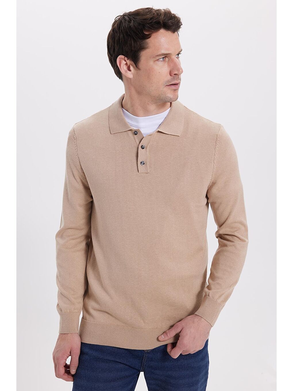 Bej Erkek Standart Fit Normal Kesim Pamuklu Polo Yaka Taş Kazak-3