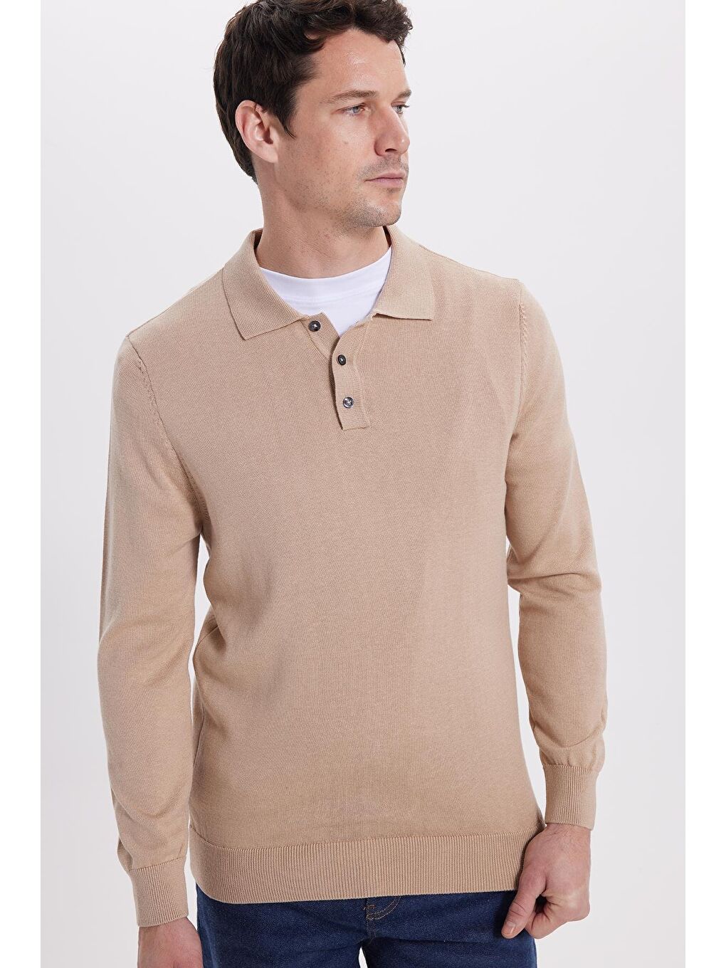 Bej Erkek Standart Fit Normal Kesim Pamuklu Polo Yaka Taş Kazak-4