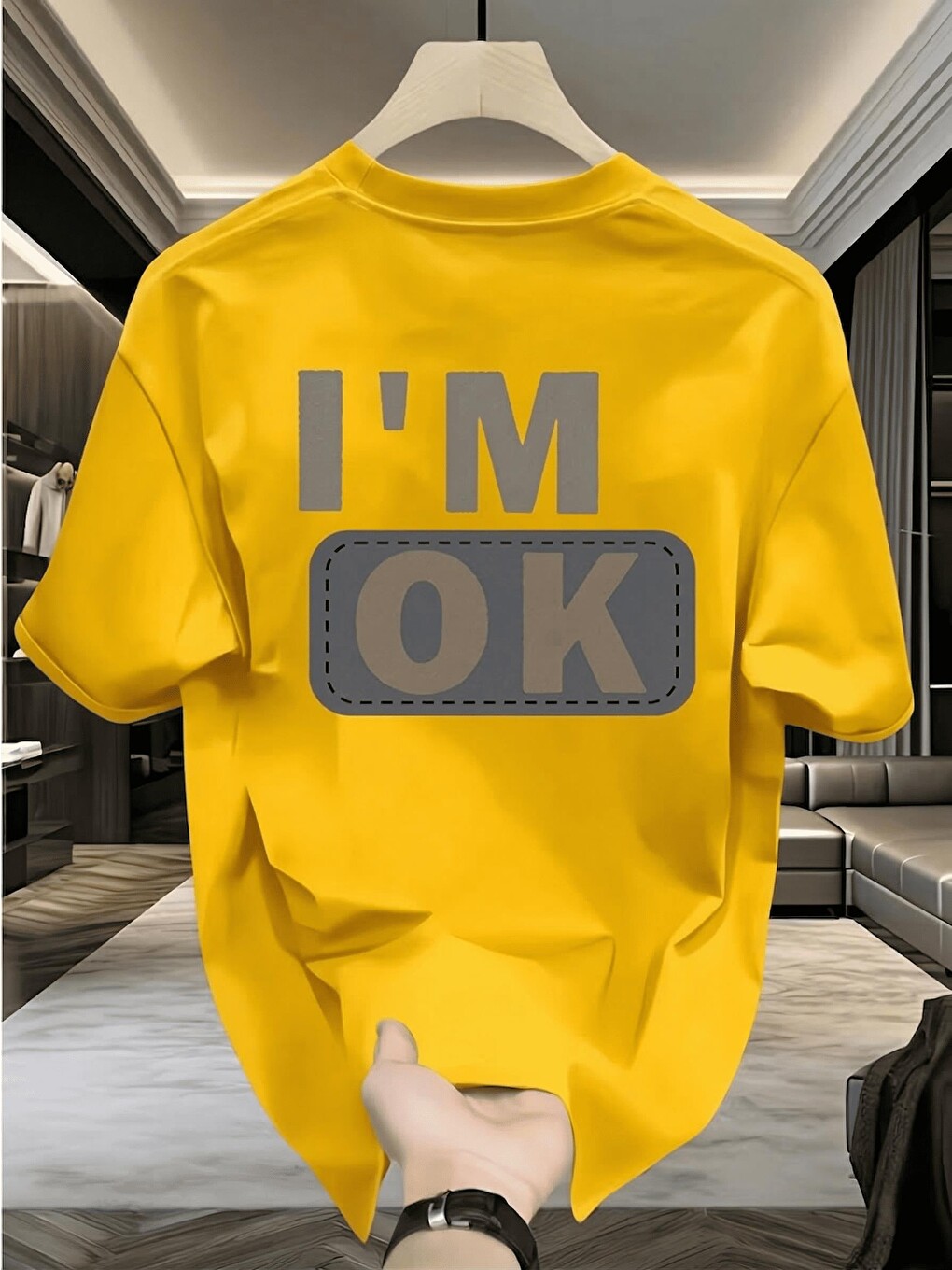 Unisex "ı'm Ok" Baskılı Oversize Pamuklu Tişört - Özel Tasarım Patch Detaylı